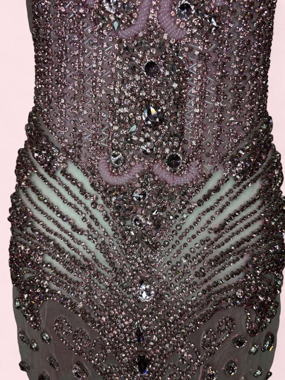 Bodycon Bedazzled Gem Sheer Pink Dress with Velvet Back - Picture 5 of 9